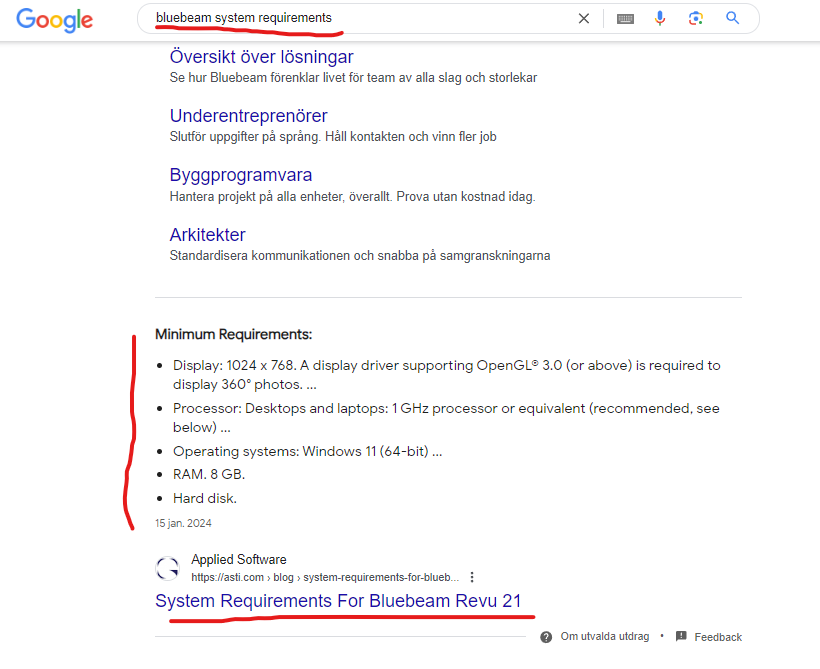 Screenshot av Bluebeam System requirements sökning på Google